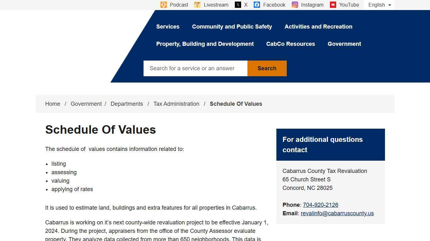 Schedule Of Values Cabarrus County