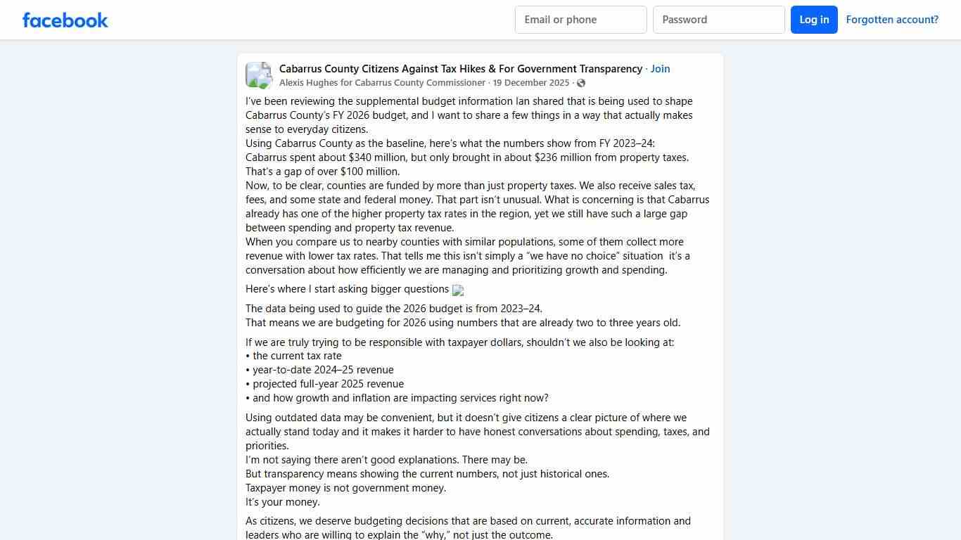 Cabarrus County Citizens Against Tax Hikes & For Government Transparency I’ve been reviewing the supplemental budget information Ian shared that is being used to shape Cabarrus County’s FY 2026 budget, and I want to sha... Facebook